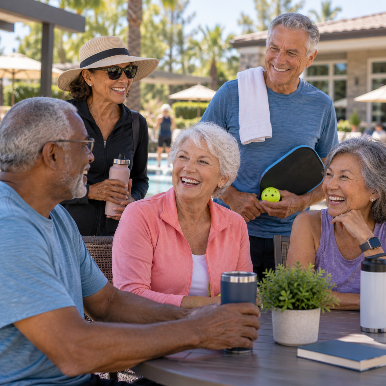 Older adults enjoying friendship and activities together in a 55+ active adult community.