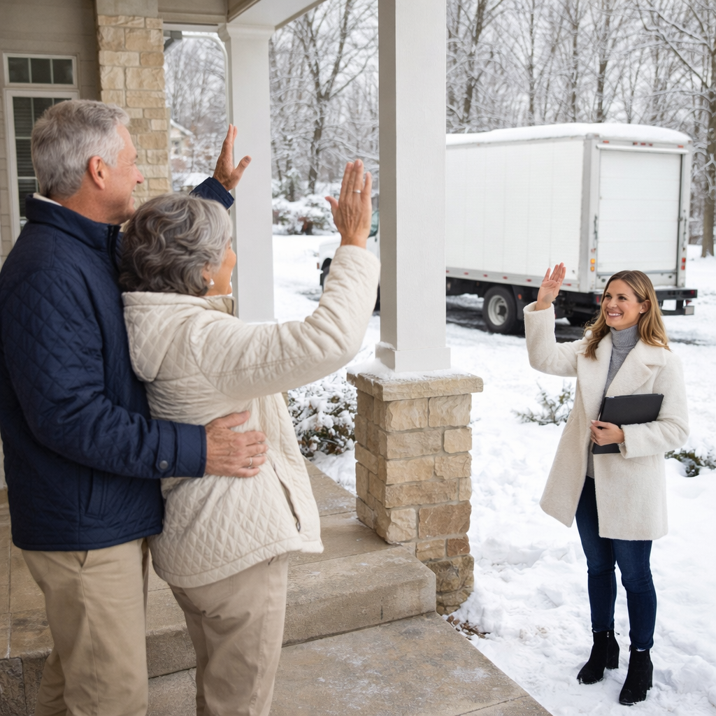 Senior couple downsizing from large two-story home in winter with moving truck, beginning relocation for better weather and simpler retirement living
