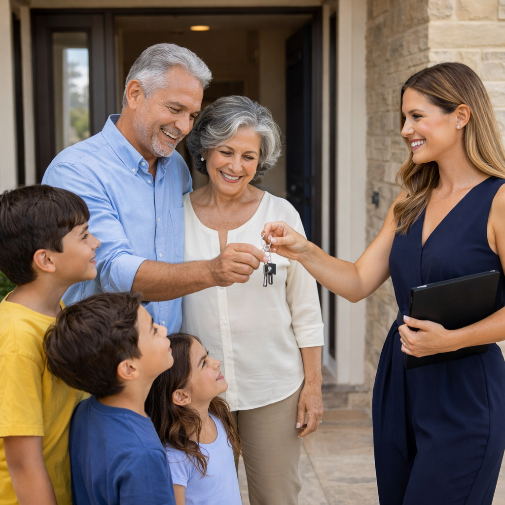 Senior grandparents receiving keys to their new home surrounded by grandchildren and real estate agent, representing moving closer to family and senior relocation for connection