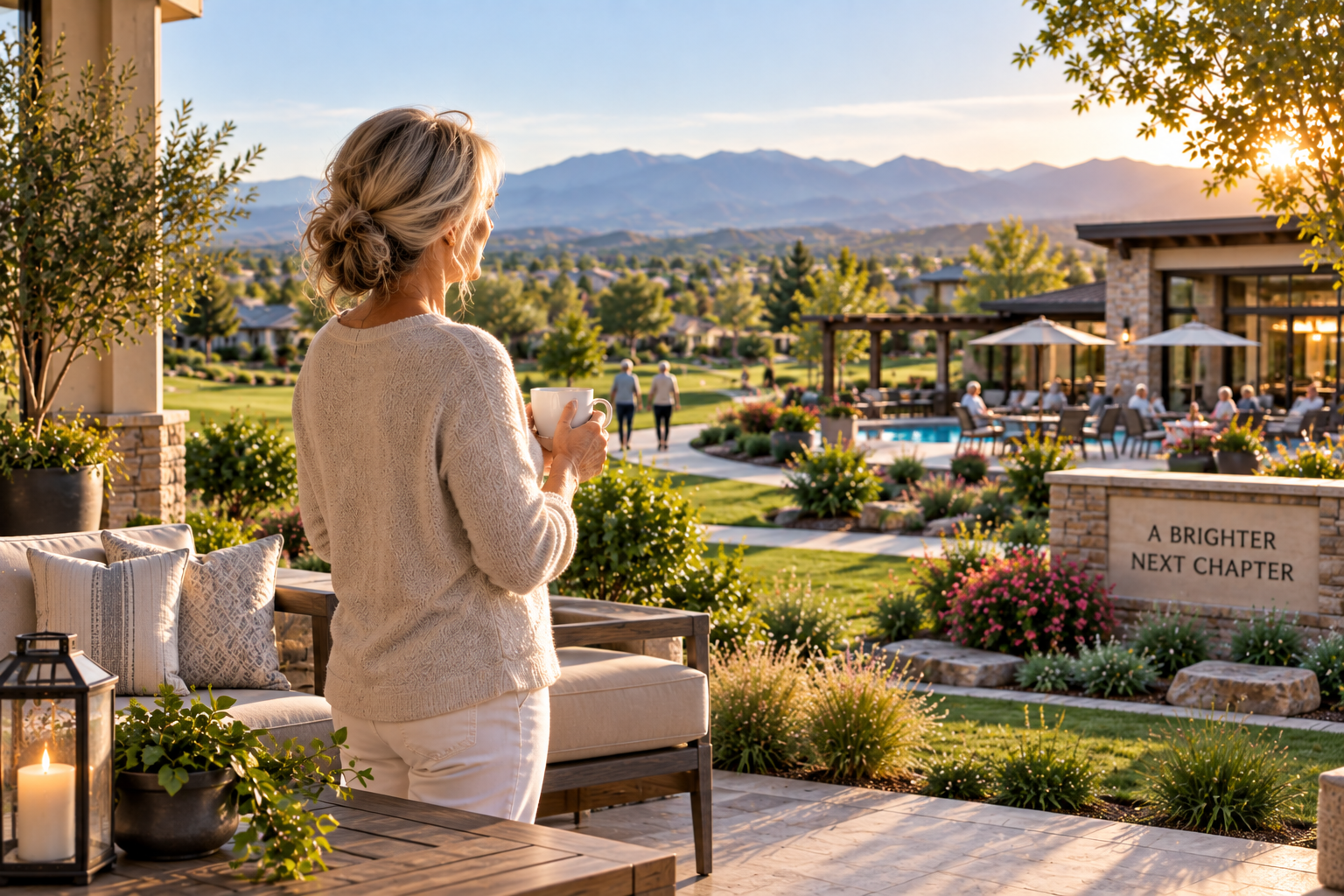 Active older woman enjoying coffee on the patio of her new home overlooking a beautiful community and mountain views.