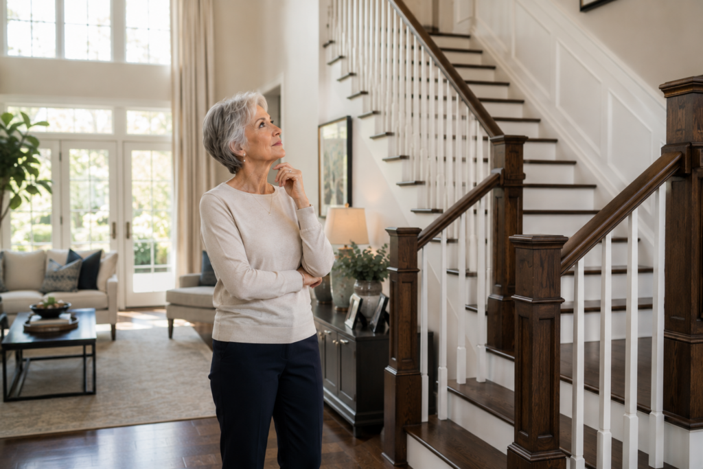 Older woman considering whether a large two-story home still fits her lifestyle and future needs.