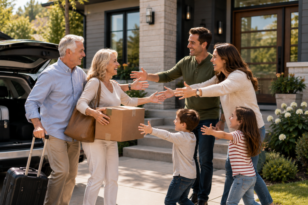 Older couple arriving with moving boxes and being welcomed by their adult children and grandchildren.
