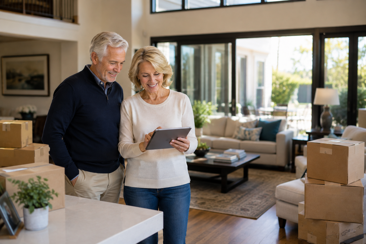 Older couple planning a relocation in their home with moving boxes and a tablet.