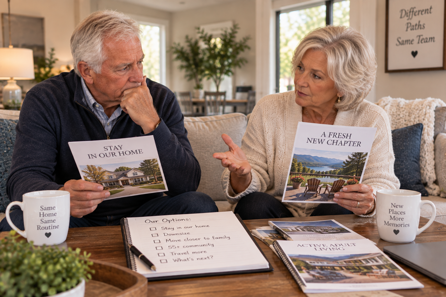 Older couple discussing different ideas about staying in their longtime home or moving in retirement.