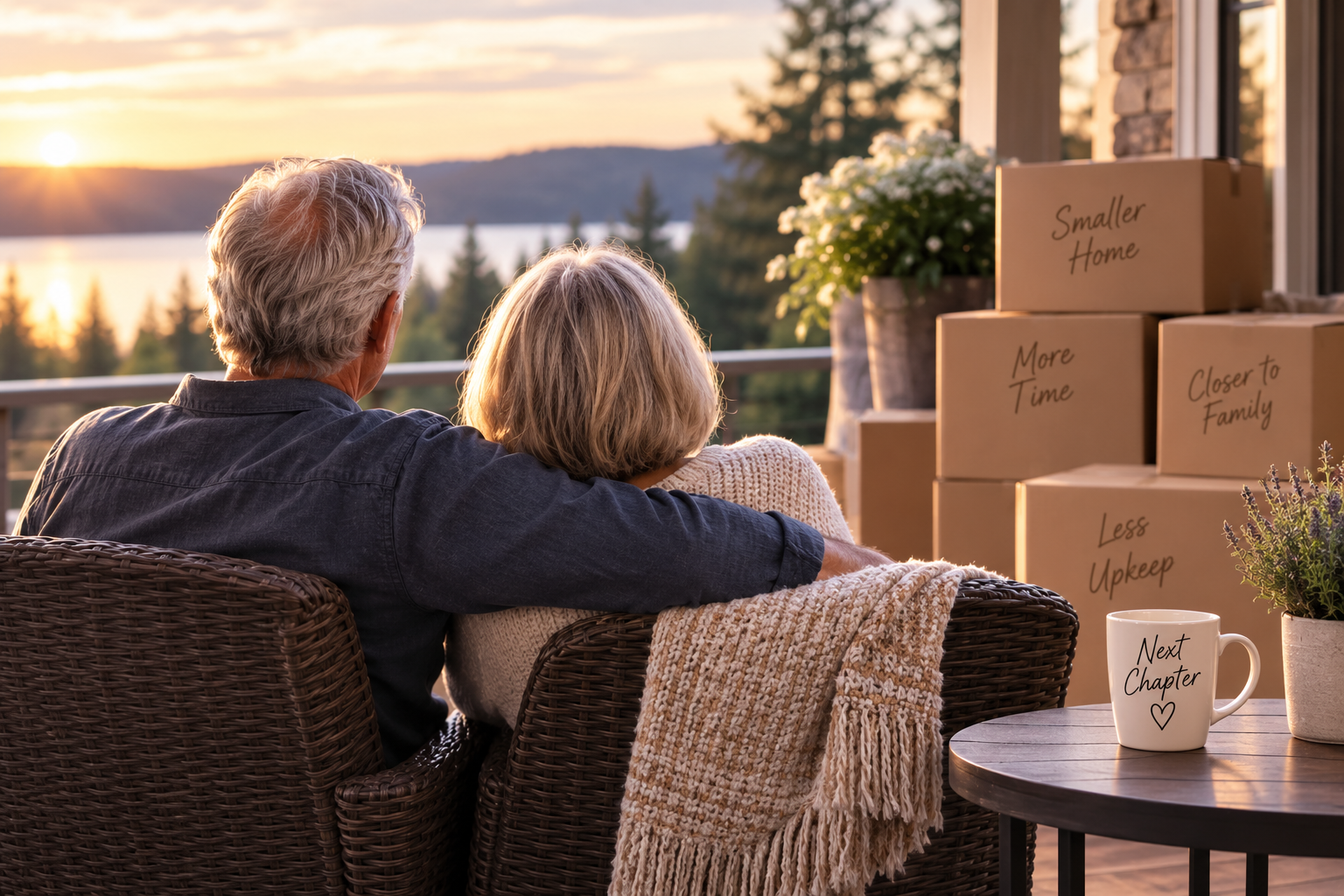 Older couple downsizing their home and planning their next chapter with less upkeep, more time, and closer family connections.