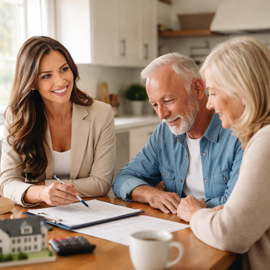 Well-tanned female real estate agent in her 30s with bright eyes and a confident smile guiding an older male and female couple through senior relocation paperwork at a modern, bright kitchen table.