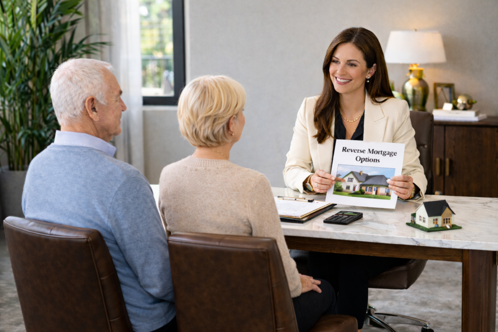 Senior couple sitting at home reviewing reverse mortgage options and home equity documents together