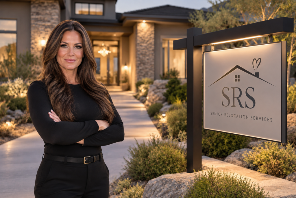Experienced real estate agent standing outside a luxury home with a Senior Relocation Services sign.