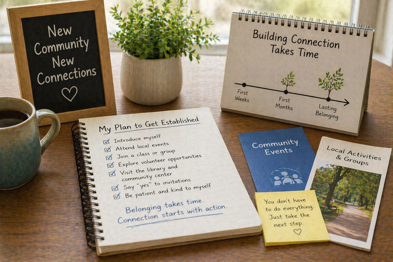 Checklist and notes about building community connections after moving showing plan for activities and social engagement