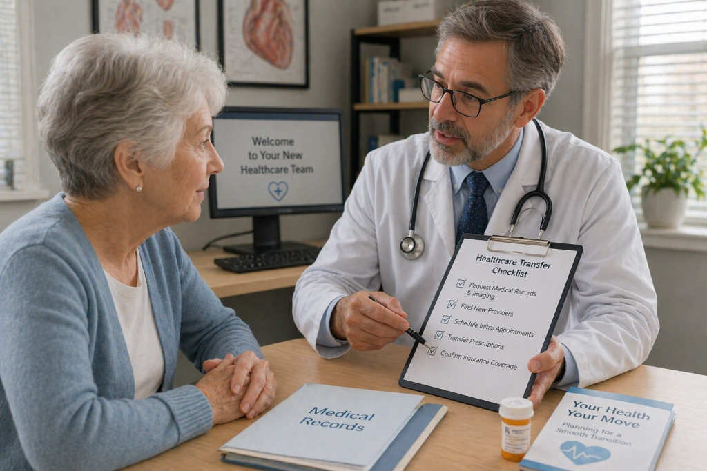 Senior woman meeting with doctor in medical office reviewing healthcare transfer checklist and medical records
