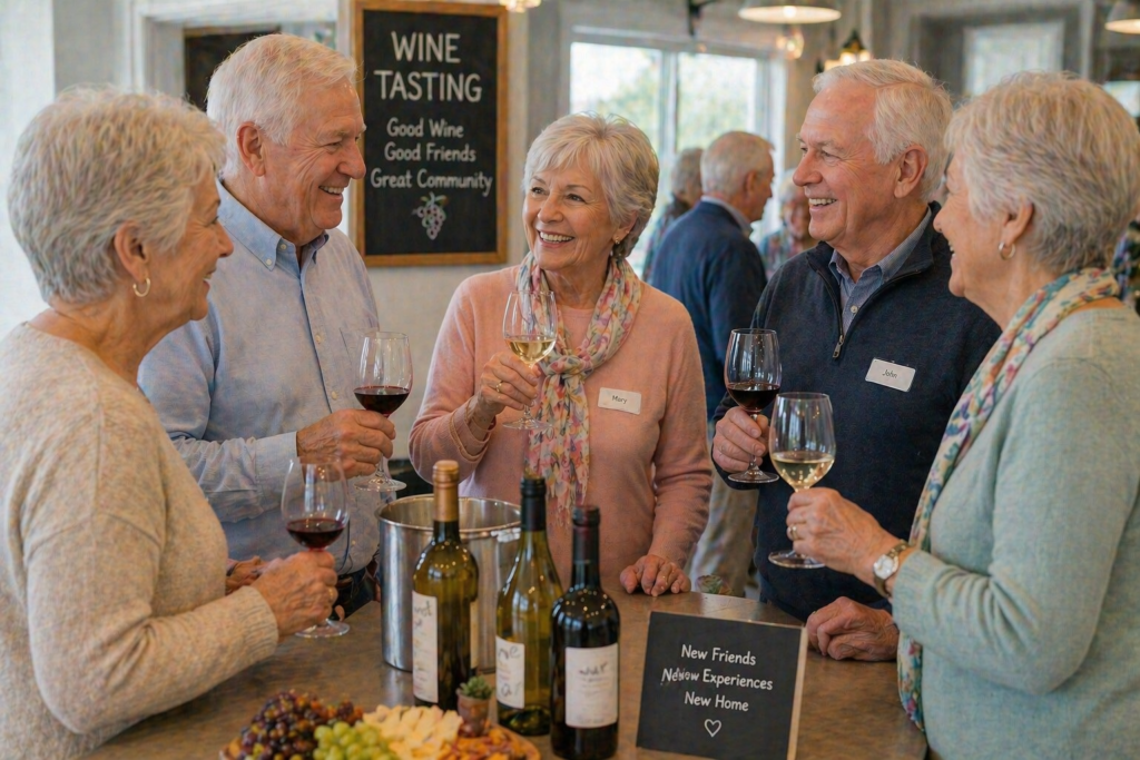 Group of seniors enjoying wine tasting event at 55 plus active adult community building social connections