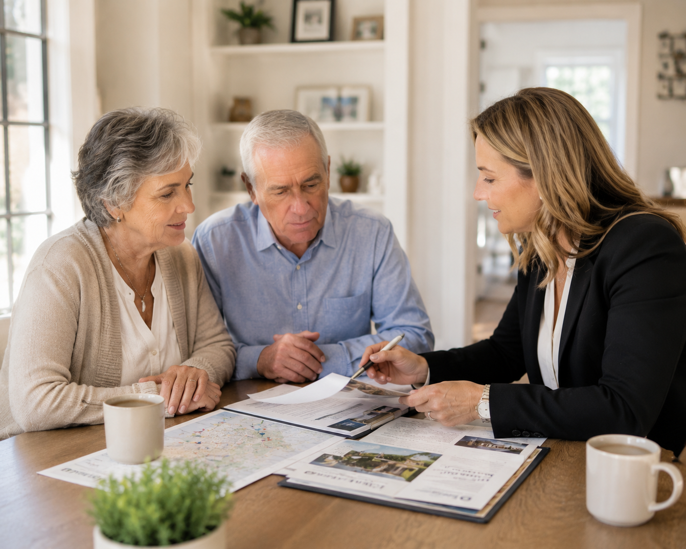 Real estate advisor meeting with a senior couple to create a personalized relocation and downsizing plan for their next chapter.