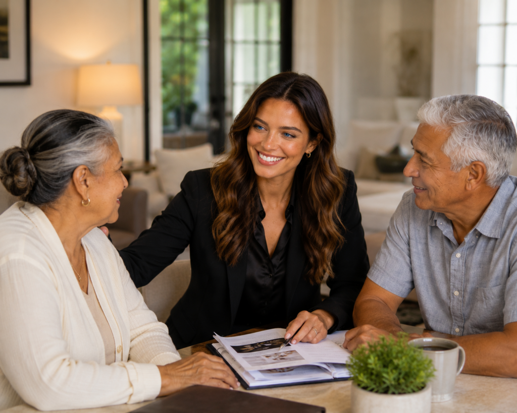 Christy Klingler providing compassionate guidance to a senior couple during a relocation and downsizing consultation in a comfortable home setting.