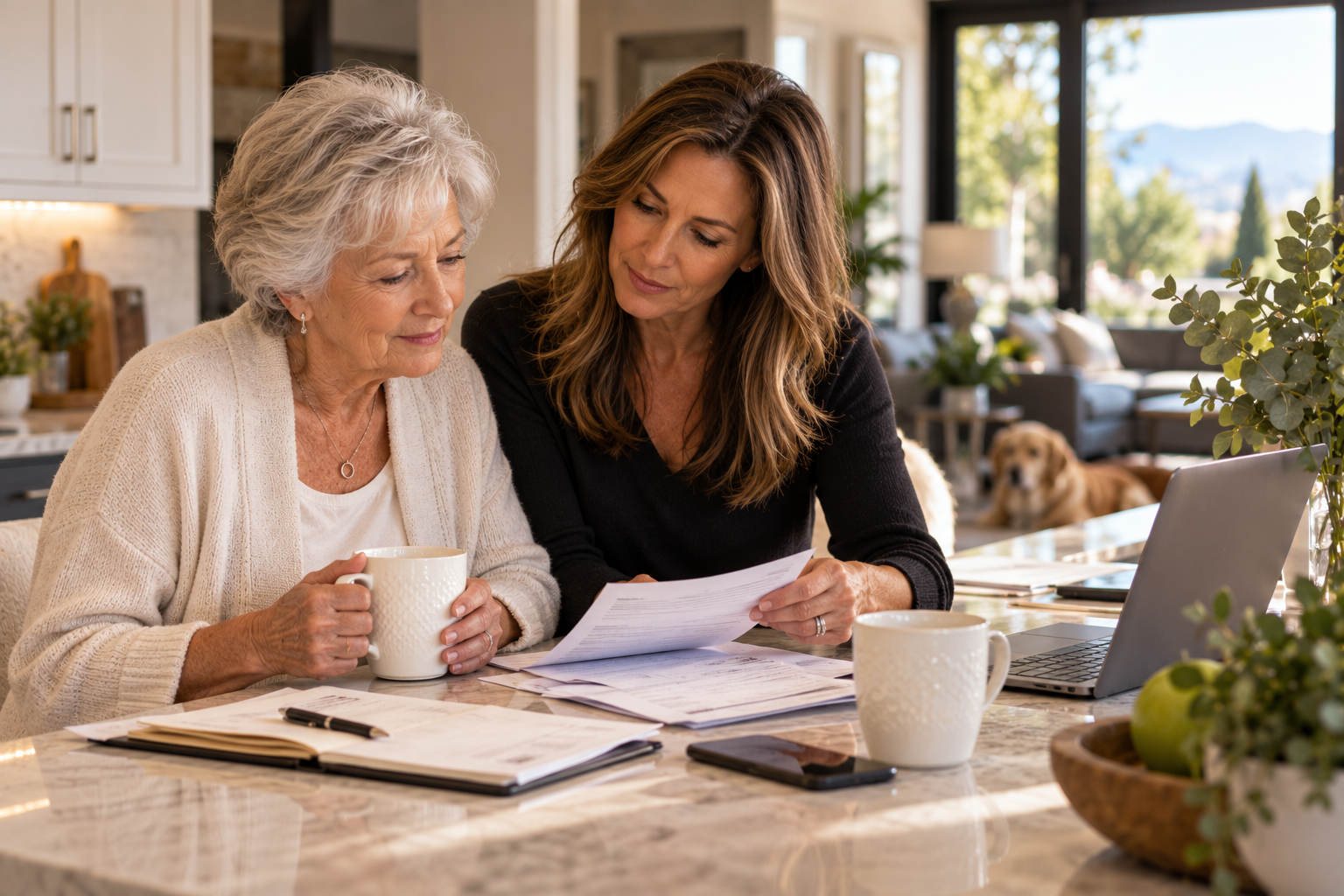 Adult daughter helping her aging mother review important paperwork together at home.