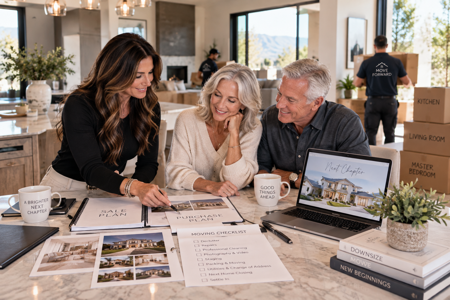 Older couple planning the sale of their home and next purchase with a real estate professional while movers work in the background.