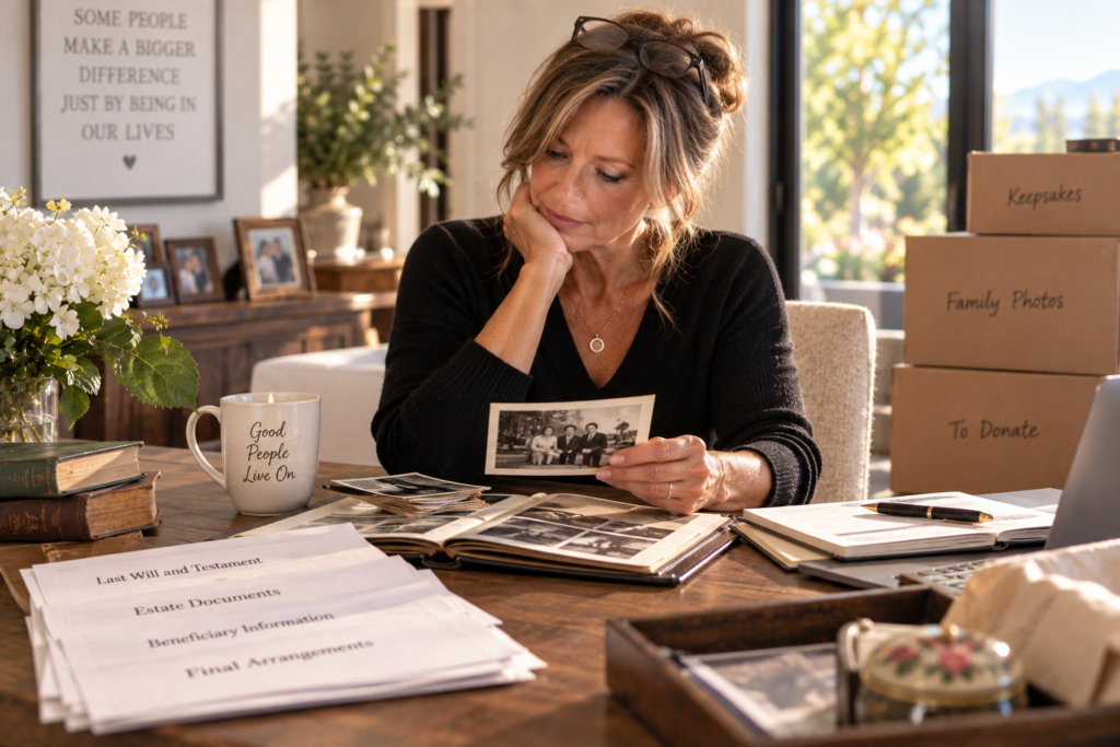 Woman sorting family photographs, personal belongings and estate documents after the loss of a loved one.