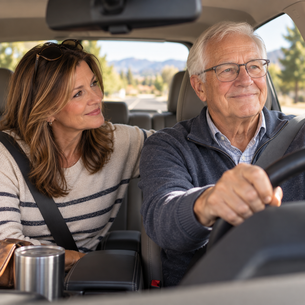 Older father driving with his adult daughter beside him during a conversation about driving and independence.