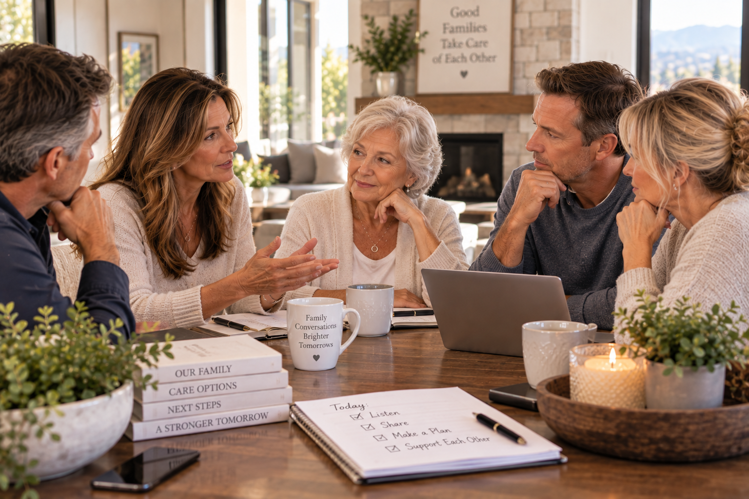 Older mother talking with her adult children about future care, housing and family plans at home.