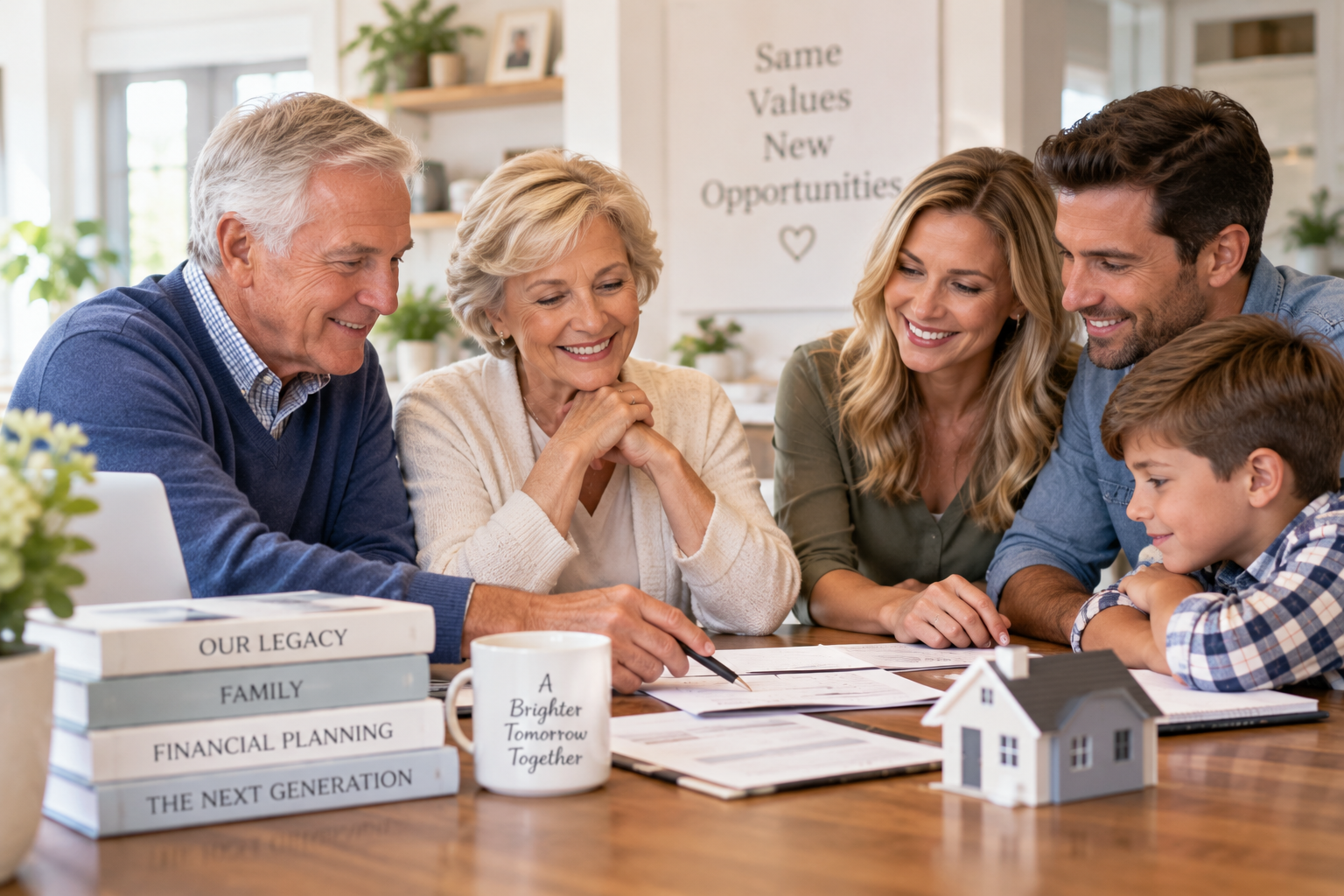 Older couple discussing financial and housing plans with their adult children and grandson at the family kitchen table.