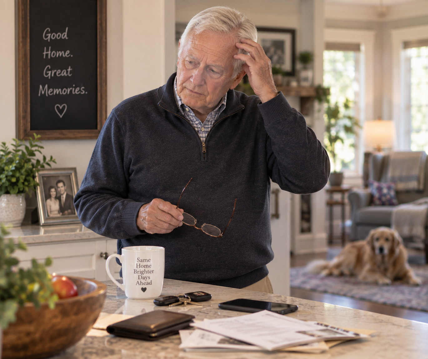 Older man standing thoughtfully in his longtime home as memory changes begin to raise questions about safety and future housing.