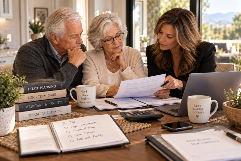 Older couple reviewing financial plans, legal documents and senior care costs with a professional advisor.