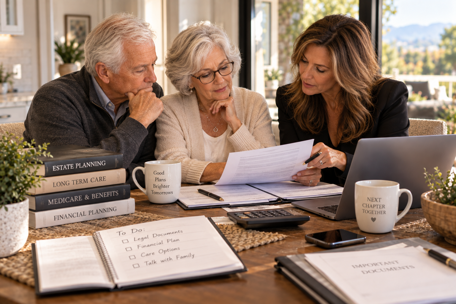 Older couple reviewing financial plans, legal documents and senior care costs with a professional advisor.