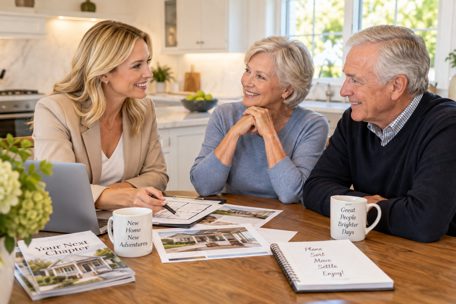 Blonde real estate agent meeting with a senior couple at their kitchen table to plan and coordinate an upcoming move.
