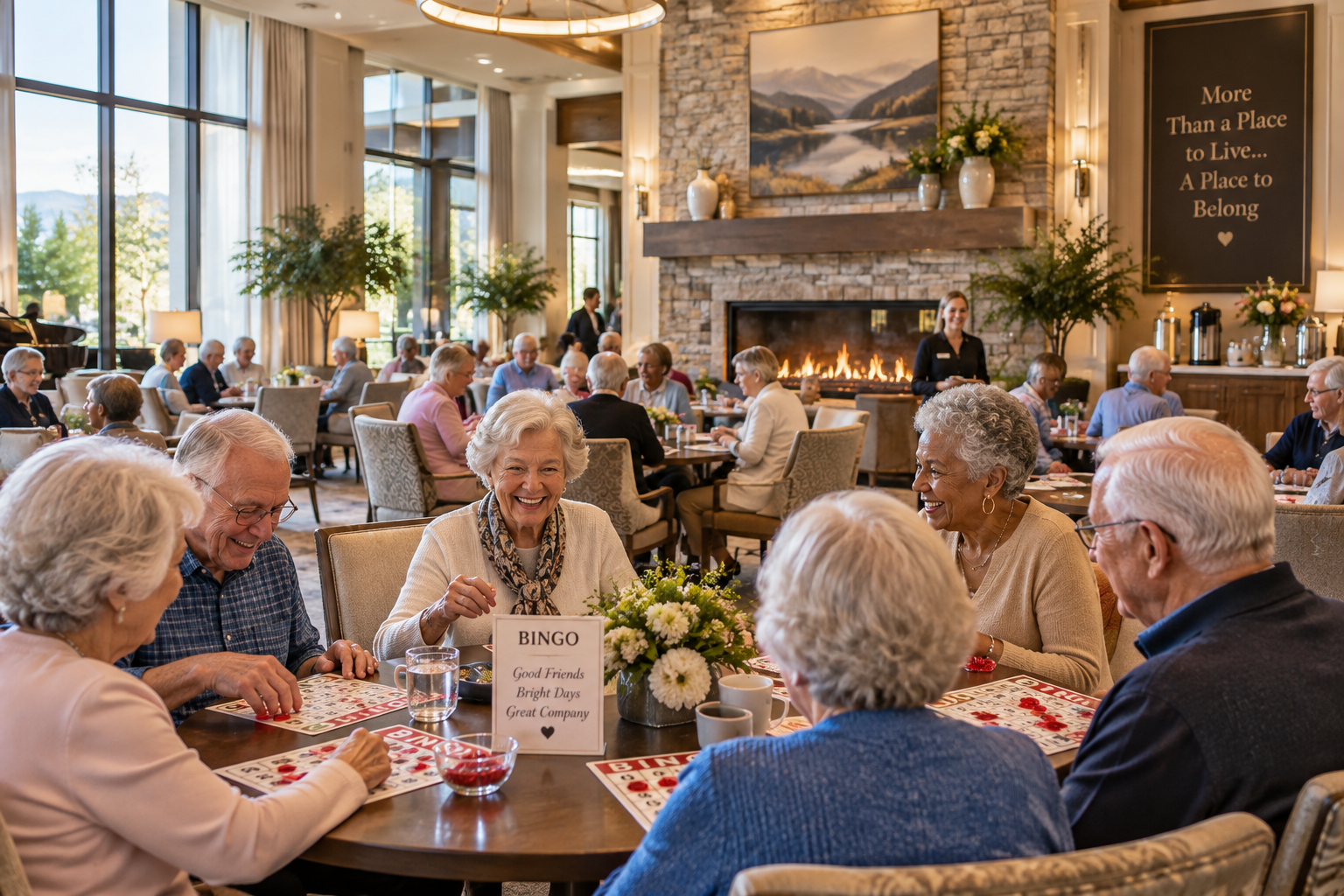 Older adults playing bingo together in an upscale senior living community great room with a large stone fireplace.