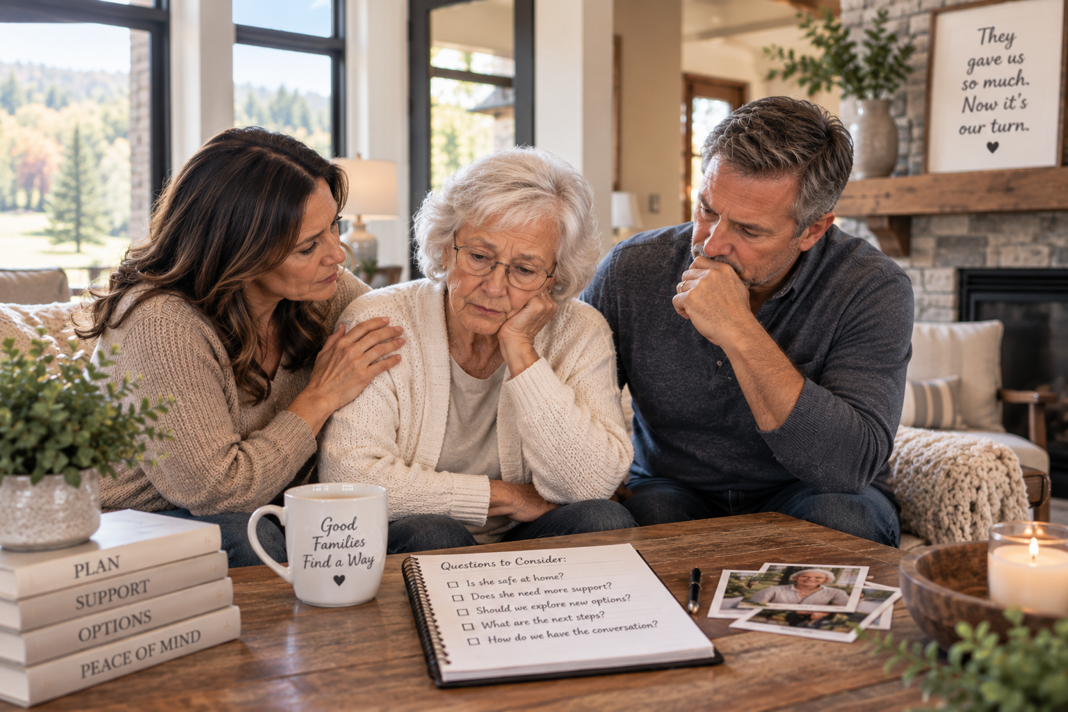 Adult children sitting with their aging mother at home while discussing her safety, support needs and future living options.